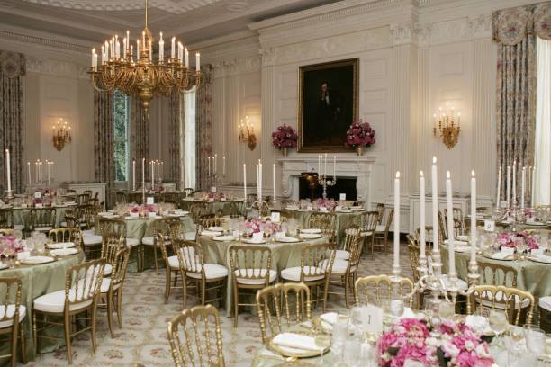 The State Dining Room at the White House is shown prepared for a dinner being held in honor of Australian Prime Minister John Howard May 16, 2006 in...
