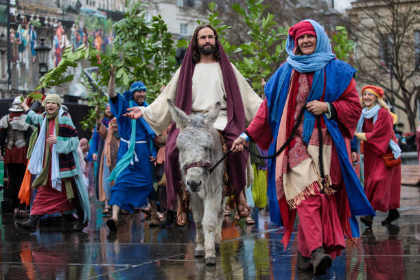 The Wintershall Players perform 'The Passion of Jesus' in front of crowds in Trafalgar Square on March 30, 2018 in London, England. Good Friday is a...