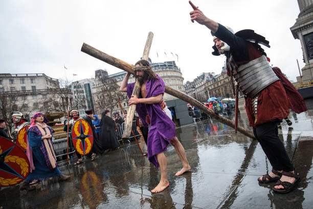 The Wintershall Players perform 'The Passion of Jesus' in front of crowds in Trafalgar Square on Good Friday, March 30, 2018 in London, England. Good...