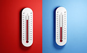 Thermometers On Red And Blue Background