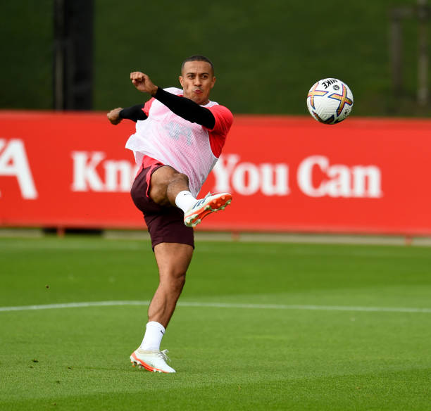 Thiago Alcantara of Liverpool during a training session at AXA Training Centre on August 04, 2022 in Kirkby, England.