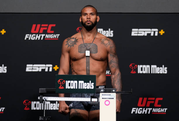Thiago Santos of Brazil poses on the scale during the UFC Fight Night weigh-in at UFC APEX on March 11, 2022 in Las Vegas, Nevada.