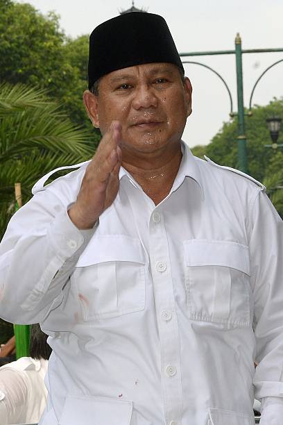 This picture taken on May 20 2014 shows Indonesian presidential candidate Prabowo Subianto of the Gerindra party gesturing in Jakarta Indonesia...