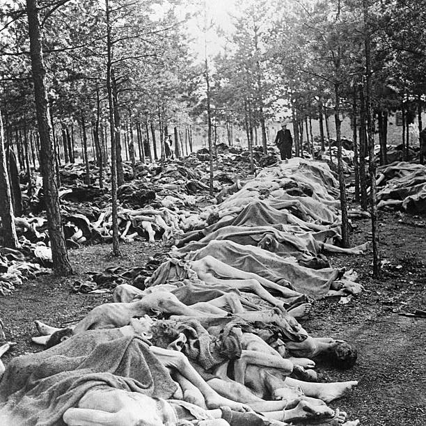 This scene at the Nazi concentration camp at Belsen shows part of the endless pile of corpses of some 60000 civilian prisoners awaiting burial...