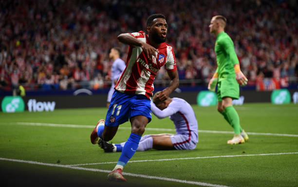 Thomas Lemar of Atletico Madrid celebrates after scoring their team's first goal during the La Liga Santander match between Club Atletico de Madrid...