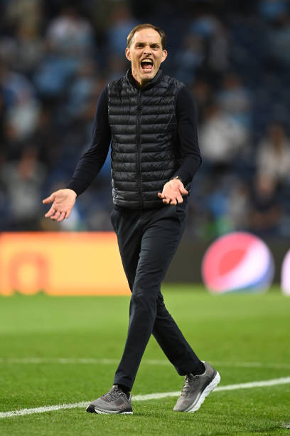 Thomas Tuchel, Manager of Chelsea reacts during the UEFA Champions League Final between Manchester City and Chelsea FC at Estadio do Dragao on May...
