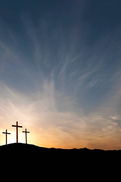 three crosses on good friday with dramatic sunset- copy - good friday stockfoto's en -beelden