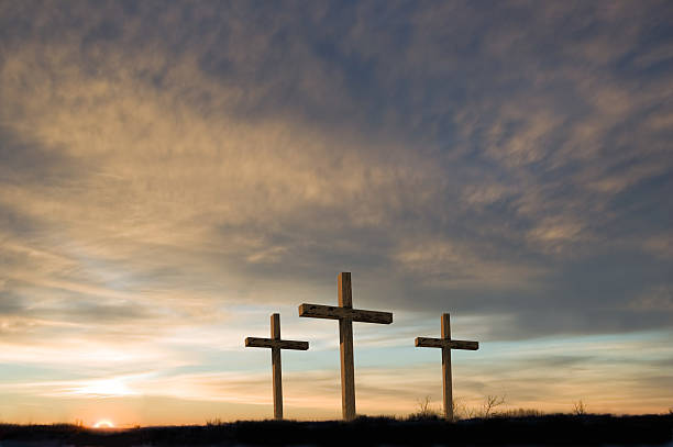 three crosses on good friday with setting sun and  copy. - good friday stockfoto's en -beelden