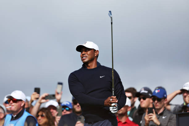 Tiger Woods of The United States tees off during a practice round prior to The 150th Open at St Andrews Old Course on July 12, 2022 in St Andrews,...