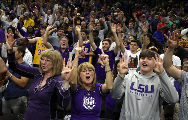 Tigers fans cheer in honor of their 69-67 win over the Maryland Terrapins in the second round of the 2019 NCAA Men's Basketball Tournament at Vystar...