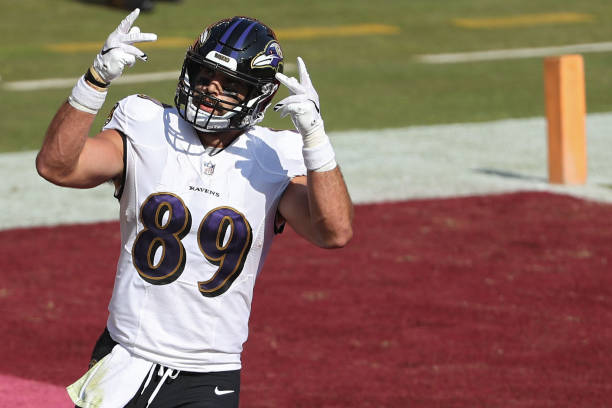Tight end Mark Andrews of the Baltimore Ravens celebrates his second touchdown of the game against the Washington Football Team during the third...