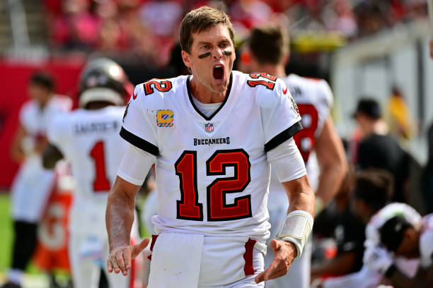 Tom Brady of the Tampa Bay Buccaneers reacts on the sideline during the second half in the game against the Atlanta Falcons at Raymond James Stadium...