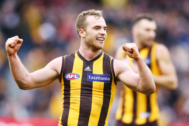 Tom Mitchell of the Hawks celebrates the win on the final siren during the round 20 AFL match between the Hawthorn Hawks and the Essendon Bombers at...