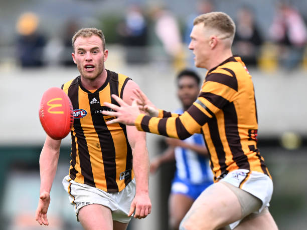 Tom Mitchell of the Hawks handballs during the round 19 AFL match between the North Melbourne Kangaroos and the Hawthorn Hawks at Blundstone Arena on...