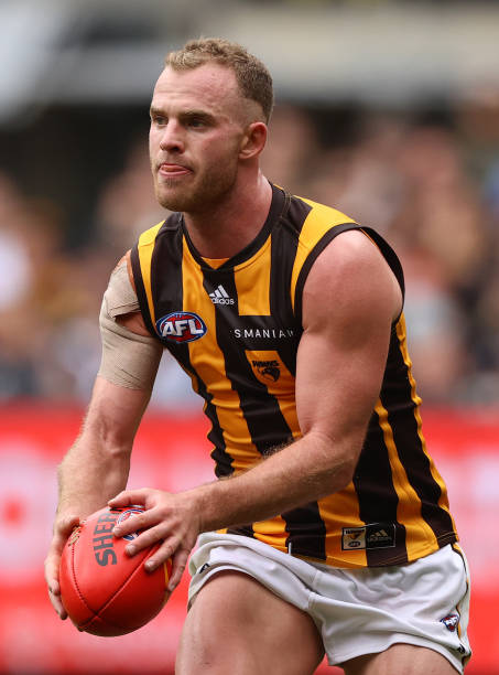 Tom Mitchell of the Hawks runs with the ball during the round three AFL match between the Carlton Blues and the Hawthorn Hawks at Melbourne Cricket...