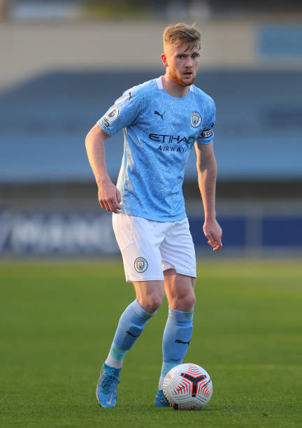 Tommy Doyle of Manchester City during the Premier League 2 match between Manchester City and Tottenham Hotspur at Manchester City Football Academy on...