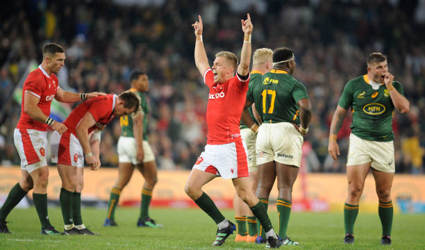 BLOEMFONTEIN, SOUTH AFRICA - JULY 09: Tommy Reffell of Wales celebrating their victory during the 2nd Castle Lager Incoming Series test match between South Africa and Wales at Toyota Stadium on July 09, 2022 in Bloemfontein, South Africa. (Photo by Charle Lombard/Gallo Images/Getty Images)