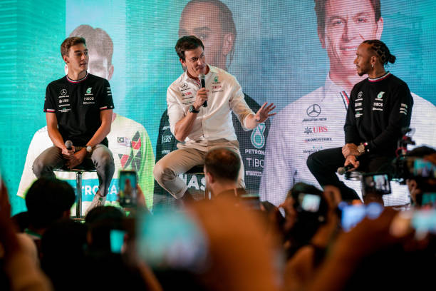 Mercedes' Toto Wolff, Lewis Hamilton and George Russell