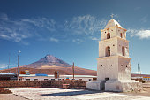 Tower of the church of Cariquima, near Colchane, in the Tarapaca region, in the foothills of the Cariquima mountain, Chile