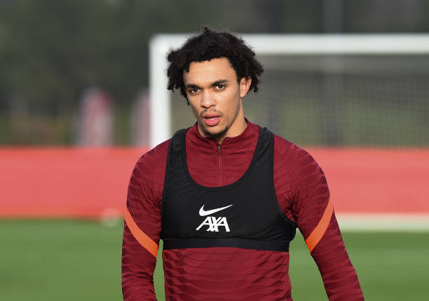 Trent Alexander-Arnold of Liverpool during a training session at AXA Training Centre on December 24, 2021 in Kirkby, England.