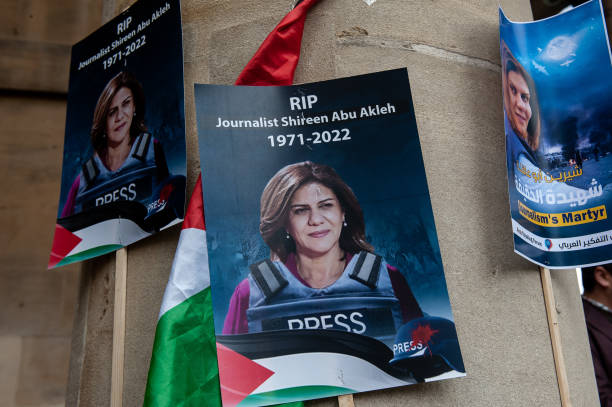 Tributes are paid to murdered Palestinian journalist Shireen Abu Akleh at a protest and vigil at BBC Broadcasting House on May 12, 2022 in London,...