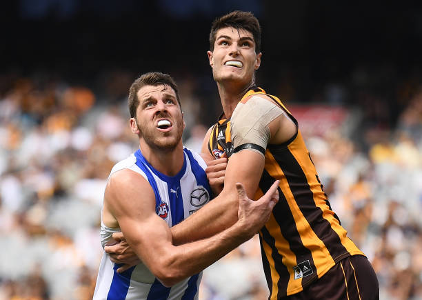 Tristan Xerri of the Kangaroos and Ned Reeves of the Hawks during the round one AFL match between the Hawthorn Hawks and the North Melbourne...