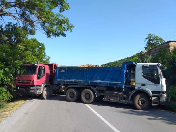 Trucks are seen blocking the road near the Jarinje Border Crossing in Mitrovica, Kosovo on August 01, 2022. Kosovo decided Sunday to postpone the...