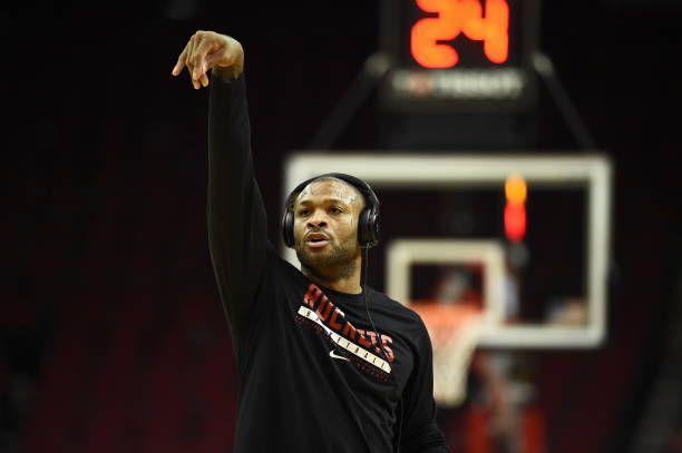 Tucker of the Houston Rockets warms up prior to the game against the Chicago Bulls on February 22, 2021 at the Toyota Center in Houston, Texas. NOTE...