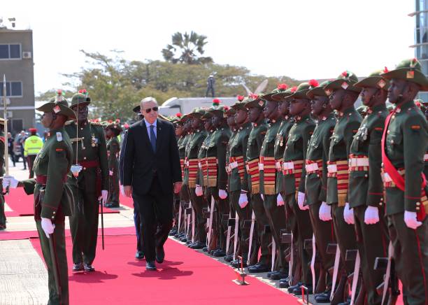 Turkish President Recep Tayyip Erdogan is welcomed by Zambian President Edgar Lungu with an official welcoming ceremony at the Kenneth Kaunda...