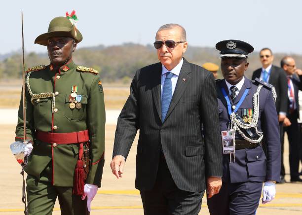 Turkish President Recep Tayyip Erdogan is welcomed by Zambian President Edgar Lungu with an official welcoming ceremony at the Kenneth Kaunda...