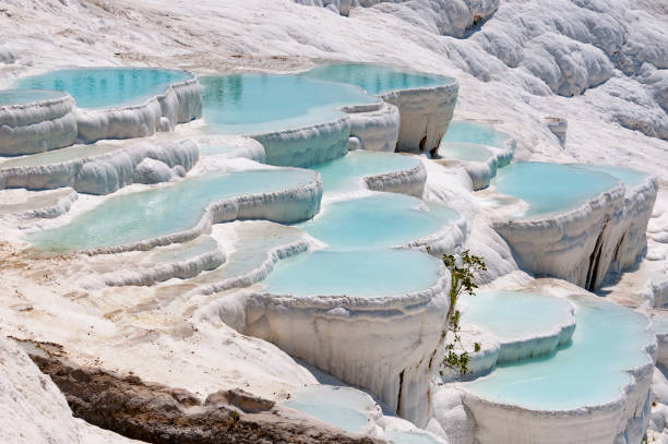 turquoise pools in travertine terraces at pamukkale, turkey - pamukkale’s travertine pools stock pictures, royalty-free photos & images