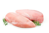 Two raw chicken breast on white backdrop