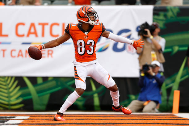 Tyler Boyd of the Cincinnati Bengals celebrates after scoring a touchdown during the fourth quarter of the game against the Arizona Cardinals at Paul...