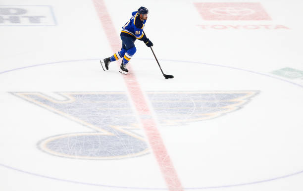 Tyler Bozak of the St. Louis Blues handles the puck against the Boston Bruins during the first period in Game Three of the 2019 NHL Stanley Cup Final...