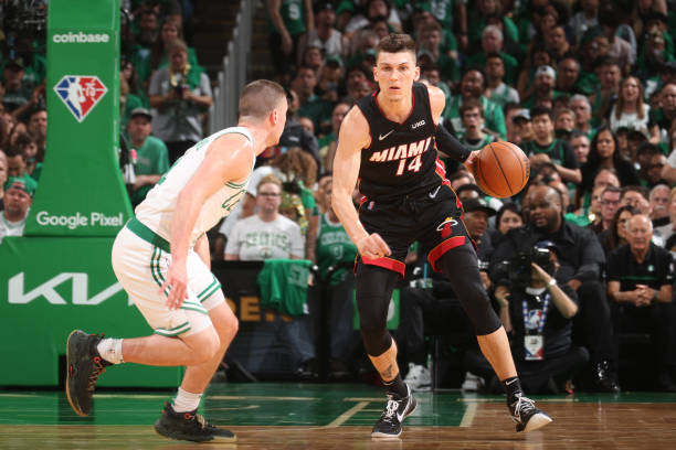 Tyler Herro of the Miami Heat dribbles the ball against the Boston Celtics during Game 3 of the 2022 NBA Playoffs Eastern Conference Finals on May...