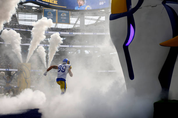 Tyler Higbee of the Los Angeles Rams takes the field during player introductions against the Dallas Cowboys at SoFi Stadium on October 09, 2022 in...