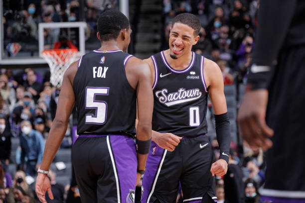 Tyrese Haliburton and De'Aaron Fox of the Sacramento Kings celebrate during the game against the Memphis Grizzlies on December 26, 2021 at Golden 1...