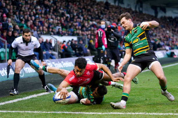 Ulster's Robert Baloucoune scores his side's first try of the game during the Heineken Champions Cup, Pool A match at cinch Stadium at Franklin's Gardens, Northampton. Picture date: Sunday January 16, 2022. (Photo by David Davies/PA Images via Getty Images)