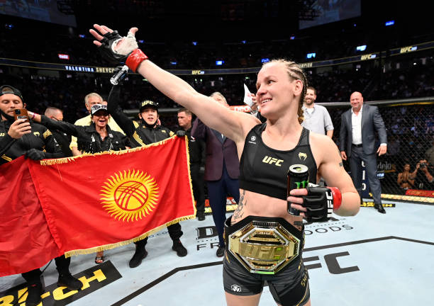 Valentina Shevchenko of Kyrgyzstan celebrates her knockout of Lauren Murphy in their UFC flyweight championship fight during the UFC 266 event on...