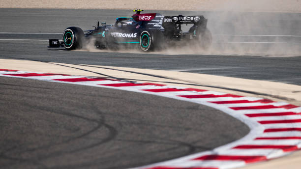 Valtteri Bottas of Finland driving the Mercedes AMG Petronas F1 Team Mercedes W12 runs wide during Day Two of F1 Testing at Bahrain International...