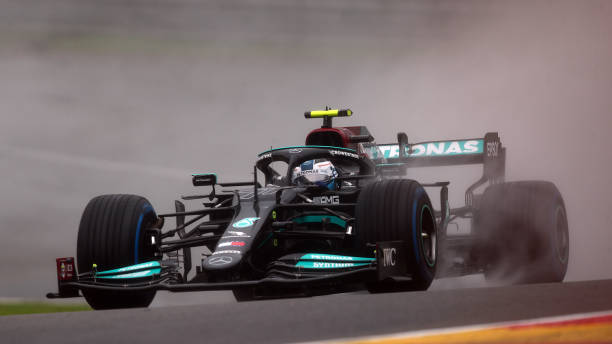 Valtteri Bottas of Finland driving the Mercedes AMG Petronas F1 Team Mercedes W12 on the way to the grid prior to the F1 Grand Prix of Belgium at...