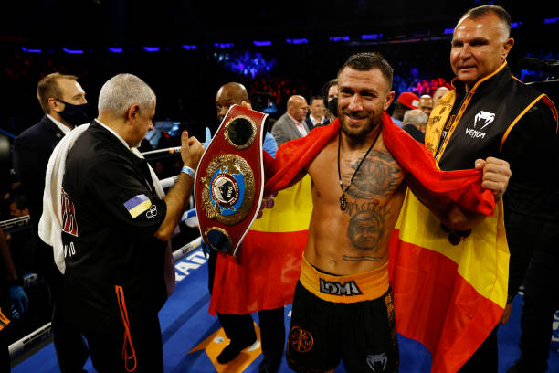 Vasiliy Lomachenko reacts after his win over Richard Commey during their WBO Intercontinental Lightweight Title fight at Madison Square Garden on...
