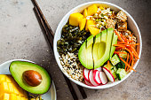 Vegan poke bowl with avocado, tofu, rice, seaweed, carrots and mango, top view. Vegan food concept.
