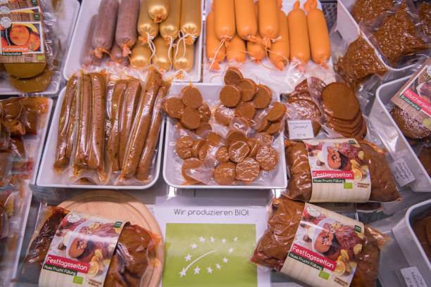 Vegan seitan products are displayed at the vegan seitan manufactory shop and diner L'herbivore by owner Johannes Theuerl on January 25, 2018 in...