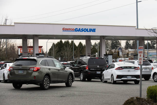 vehicles wait to refuel at a costco gas station in federal way us on picture