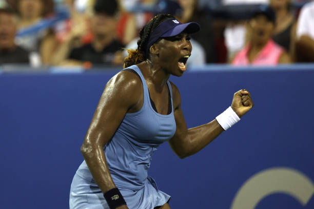 Venus Williams of the United States celebrates a point against Rebecca Marino of Canada during Day 3 of the Citi Open at Rock Creek Tennis Center on...