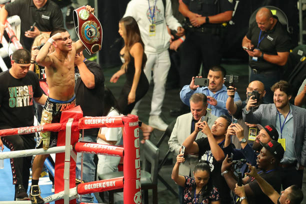 Vergil Ortiz Jr. Celebrates his knock-out victory over Egidijus Kavaliauskas during their fight for the WBO International Welterweight Title at The...
