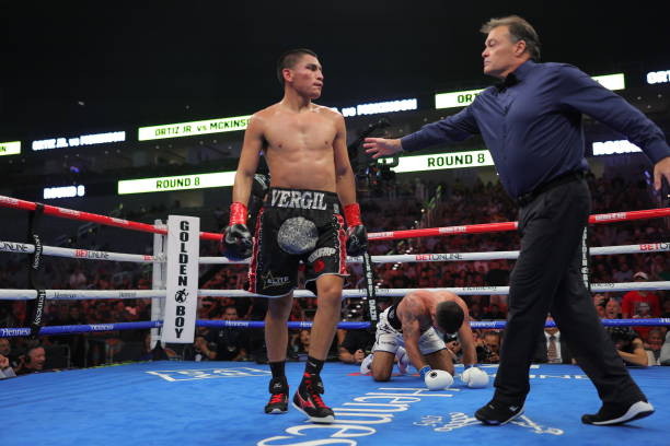Vergil Ortiz Jr. Stops Michael McKinson with TKO in the 9th round at their WBO International Welterweight fight at Dickies Arena on August 6, 2022 in...