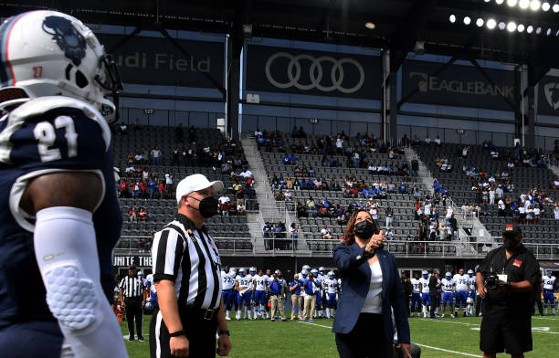 Vice President Kamala Harris participates in the coin toss at the opening of the football game between Howard University and Hampton University at...