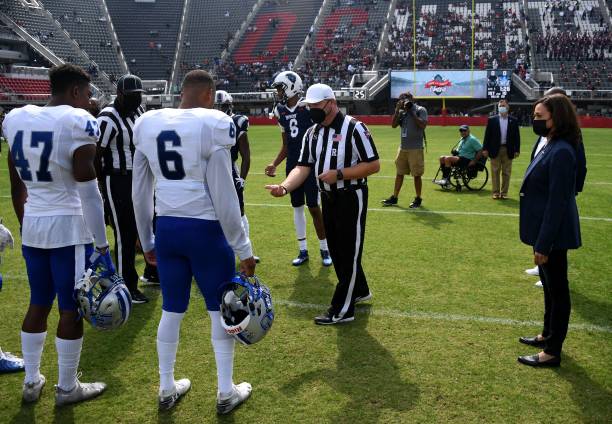 Vice President Kamala Harris participates in the coin toss at the opening of the football game between Howard University and Hampton University at...